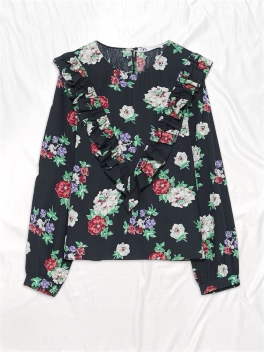 Zara Black Floral Long Sleeve Ruffle Blouse